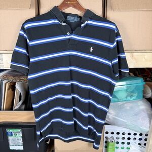 Polo Ralph Lauren Mens L Black Blue White Striped Short Sleeve Polo Shirt L